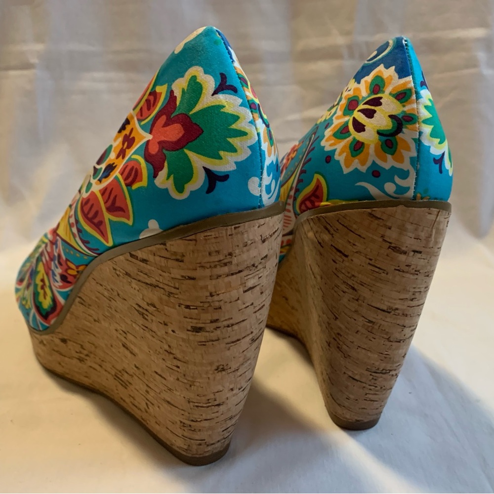 Vibrant Multicolor Floral Print Cork Wedge Heels - Picture 14 of 15